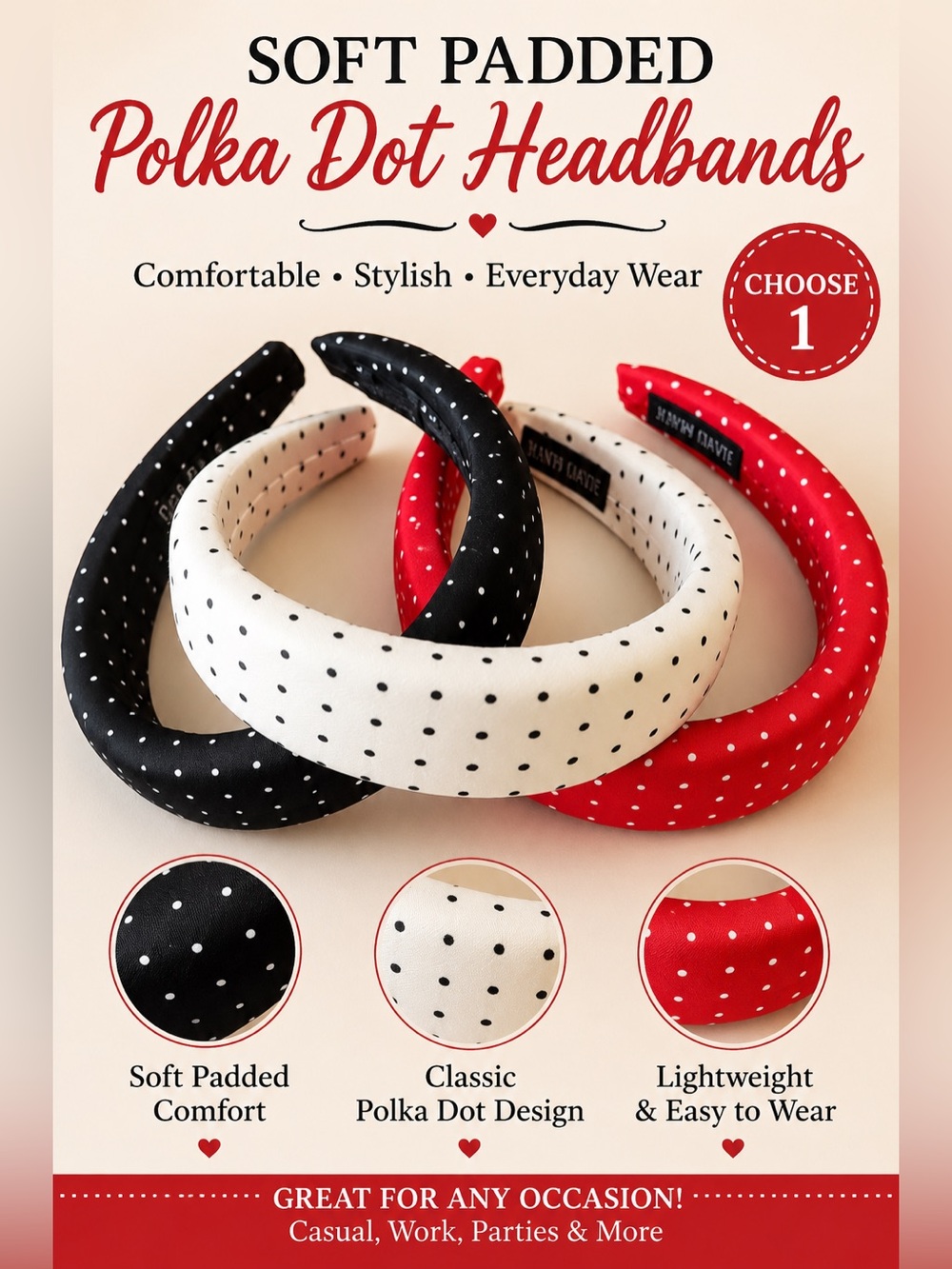 Soft Padded Polka Dot Headband – Black, White, Red